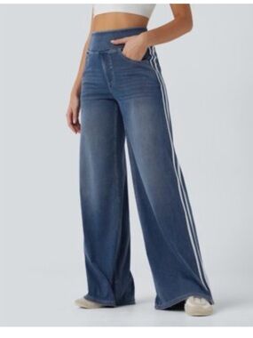 Halara Flex™ High Waisted Stripe Wide Leg Flowy Washed Casual Jeans with Pockets